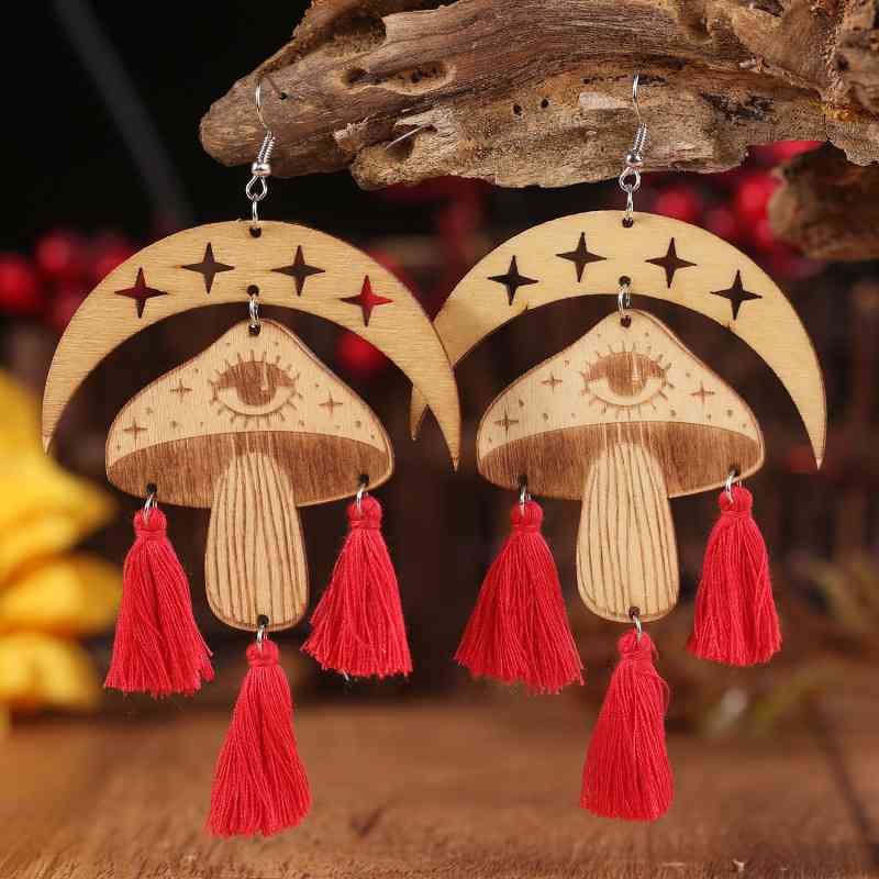 Moon & Mushroom Tassel Dangle Earrings