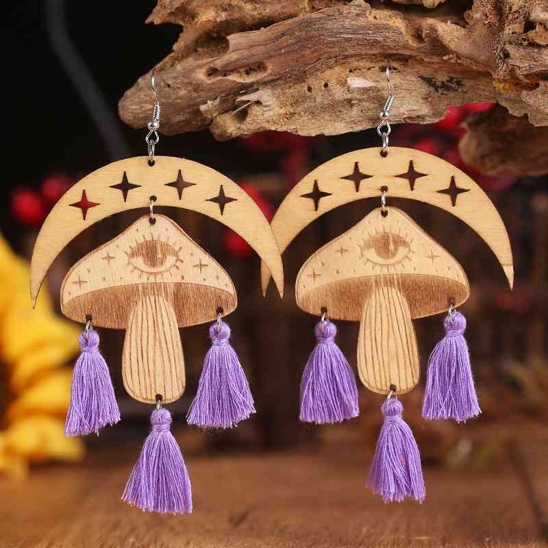 Moon & Mushroom Tassel Dangle Earrings